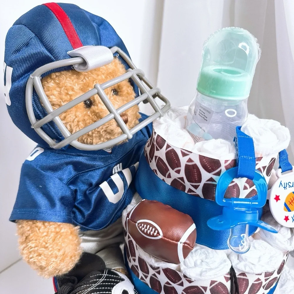 Football Themed Diaper Cake with Teddy Bear, Baby shower gift